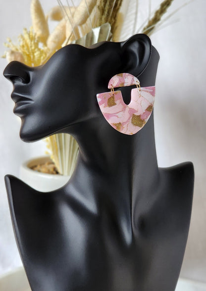 Pink Glitter Gold Dangles 1 | Handmade Polymer Clay Earrings