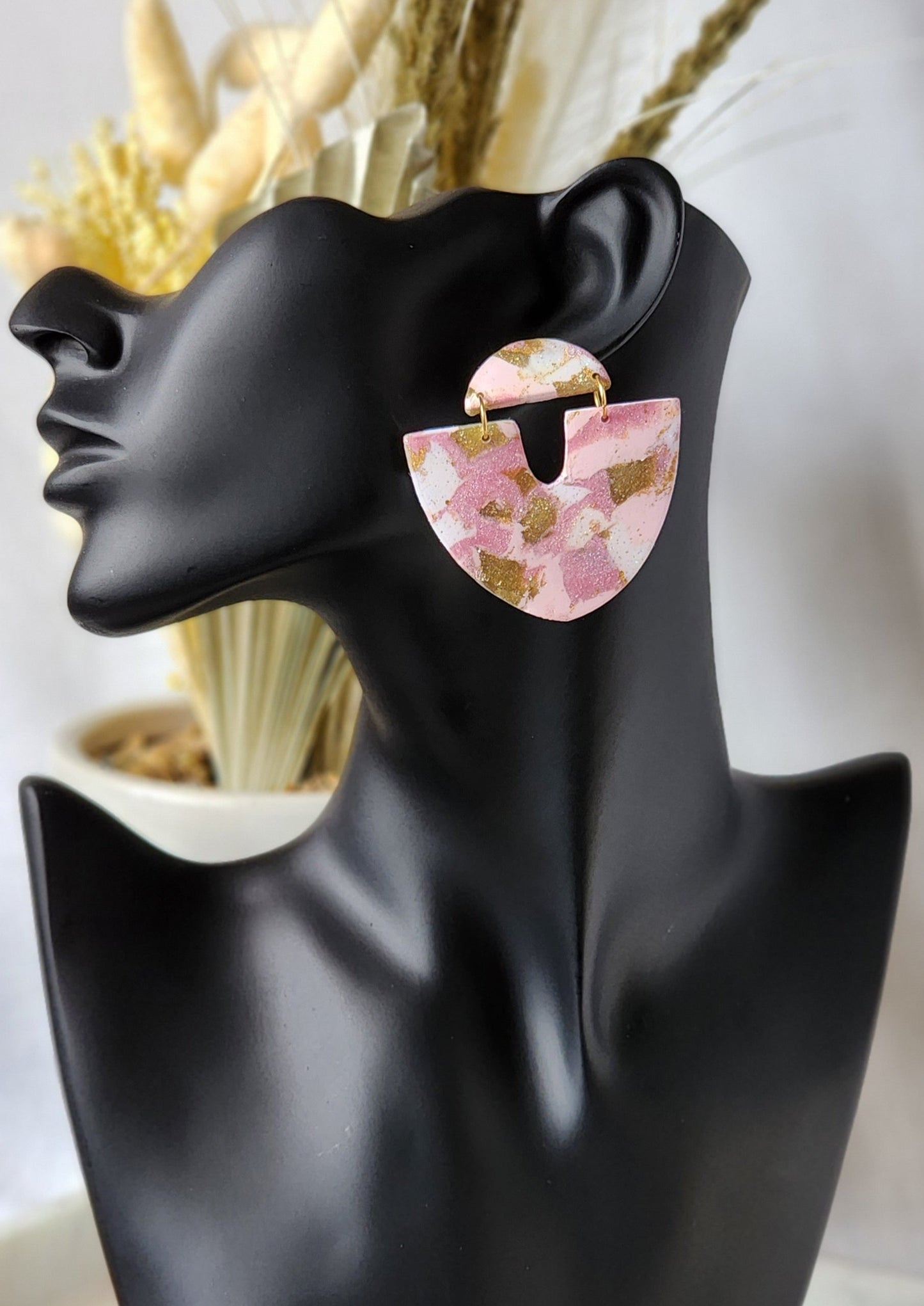 Pink Glitter Gold Dangles 2 | Handmade Polymer Clay Earrings