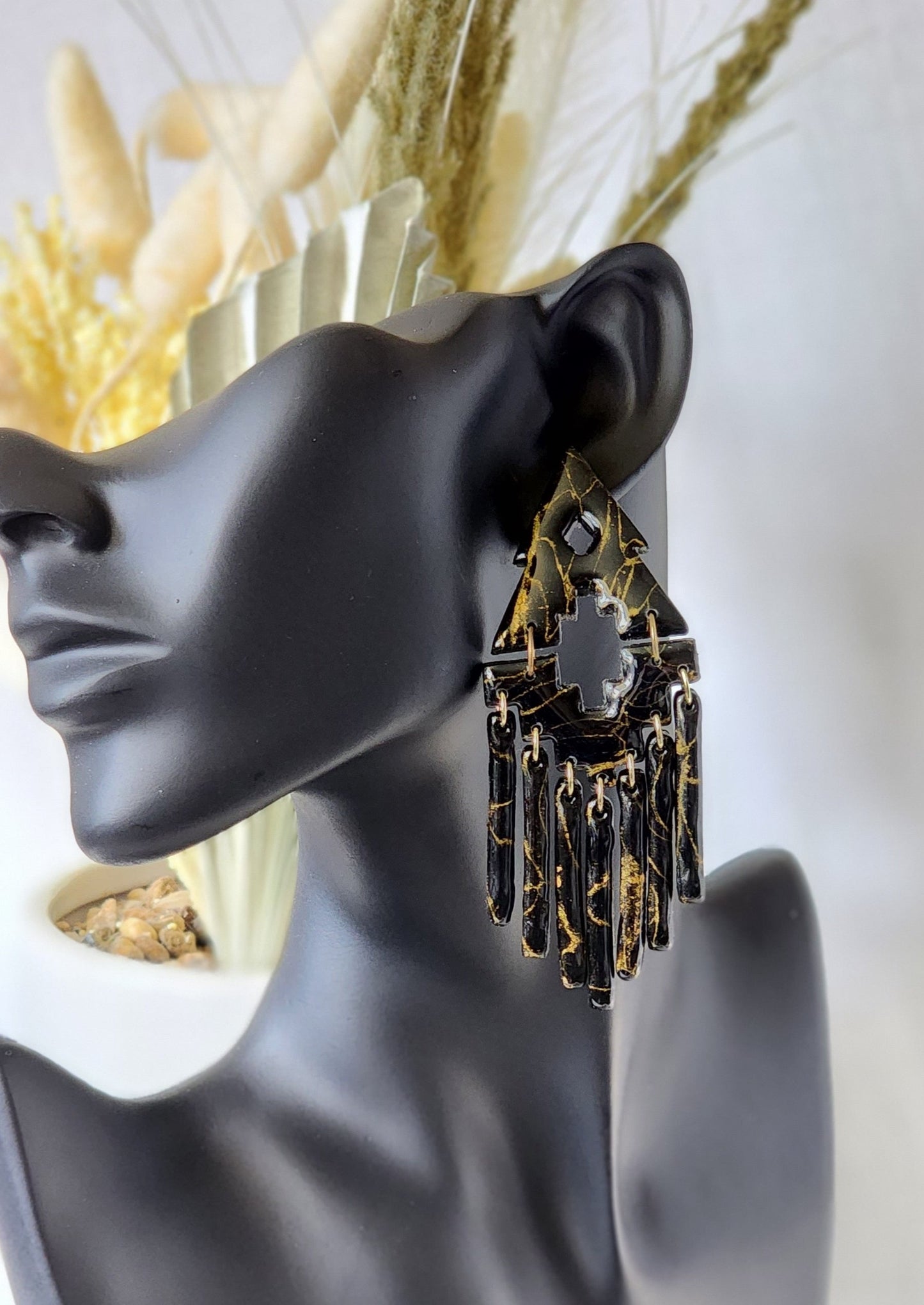 Large Black Marble Aztec Dangles | Handmade Polymer Clay Earrings