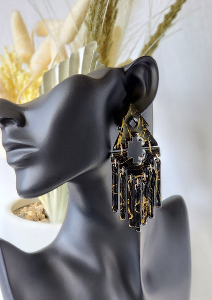 Large Black Marble Aztec Dangles | Handmade Polymer Clay Earrings