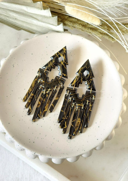 Large Black Marble Aztec Dangles | Handmade Polymer Clay Earrings