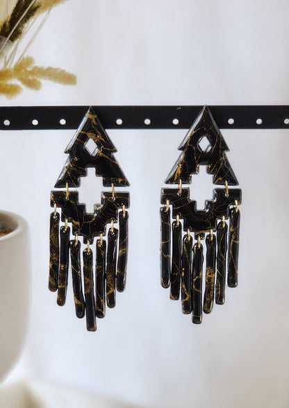 Large Black Marble Aztec Dangles | Handmade Polymer Clay Earrings