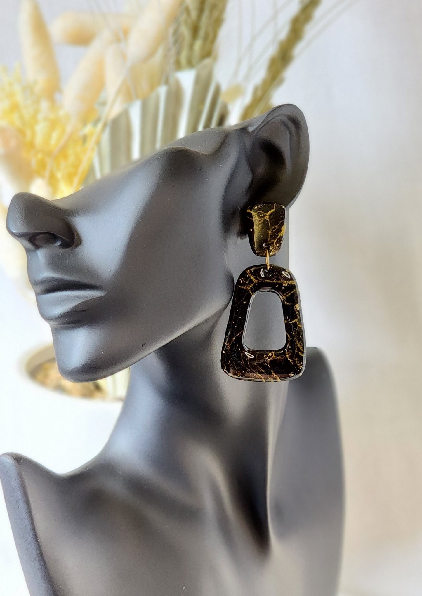 Black and Gold Marble Dangles | Handmade Polymer Clay Earrings