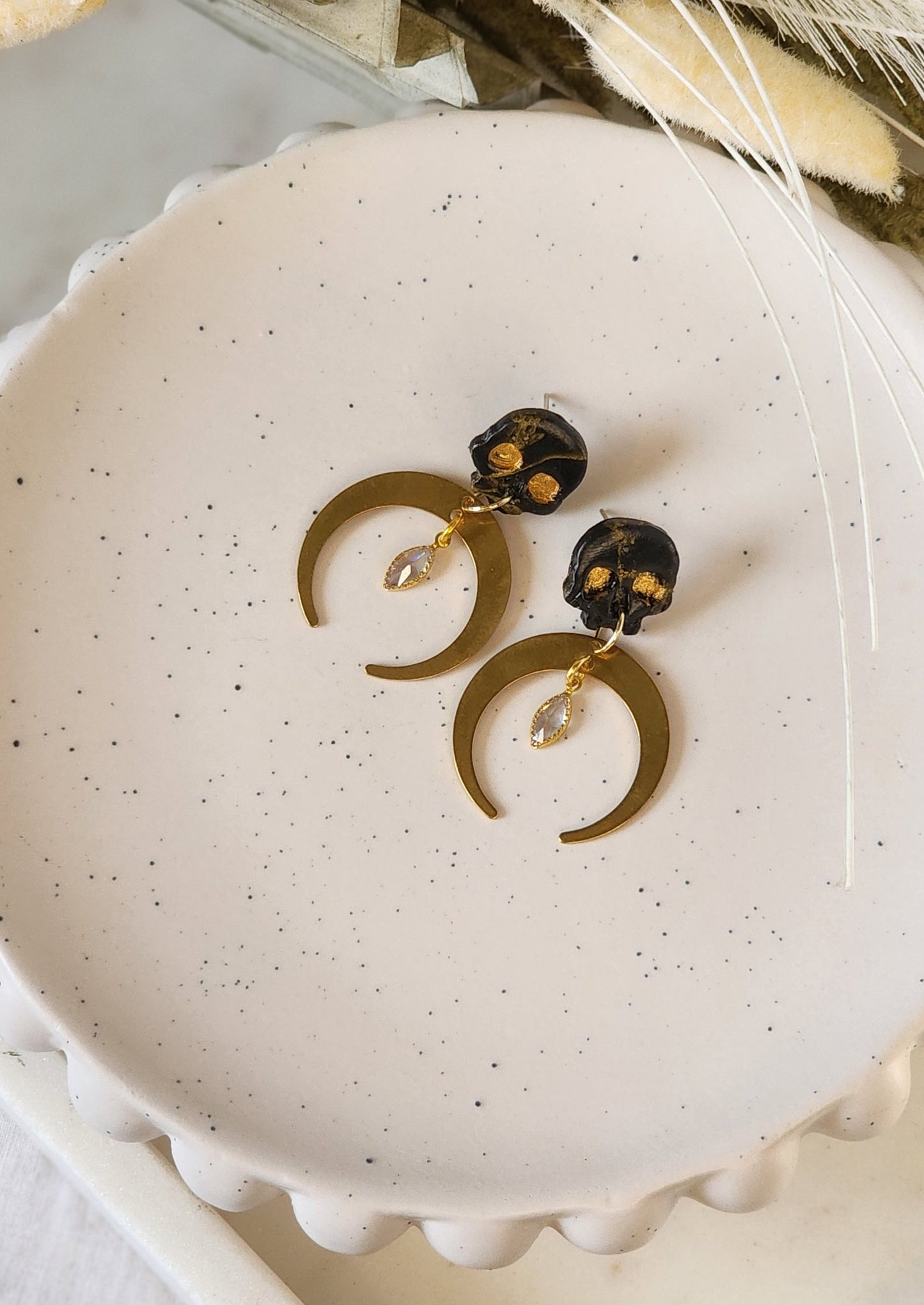 Black Marble Crescent Moon Skulls | Handmade Polymer Clay Earrings