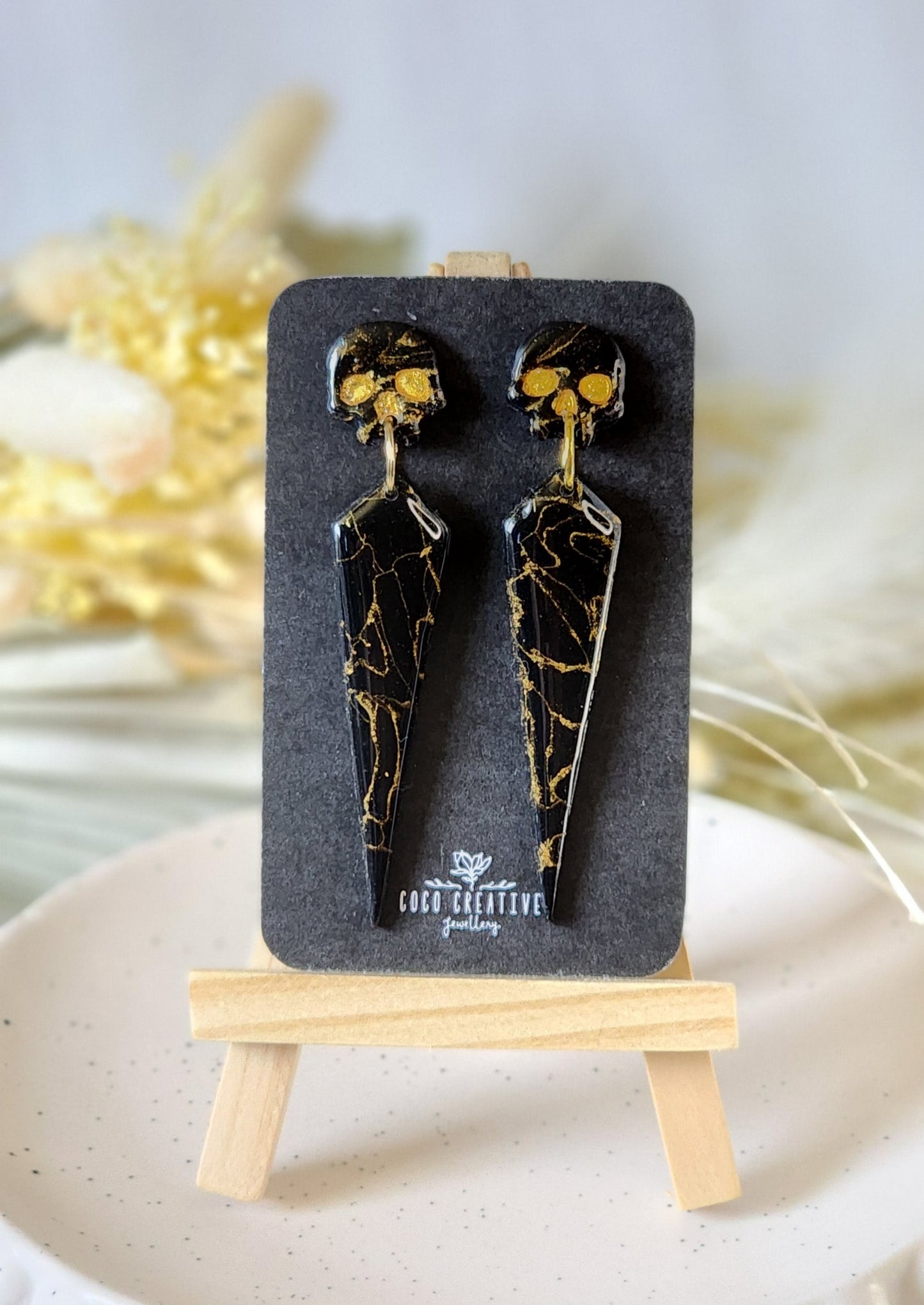 Black Marble Skull Dangles | Handmade Polymer Clay Earrings