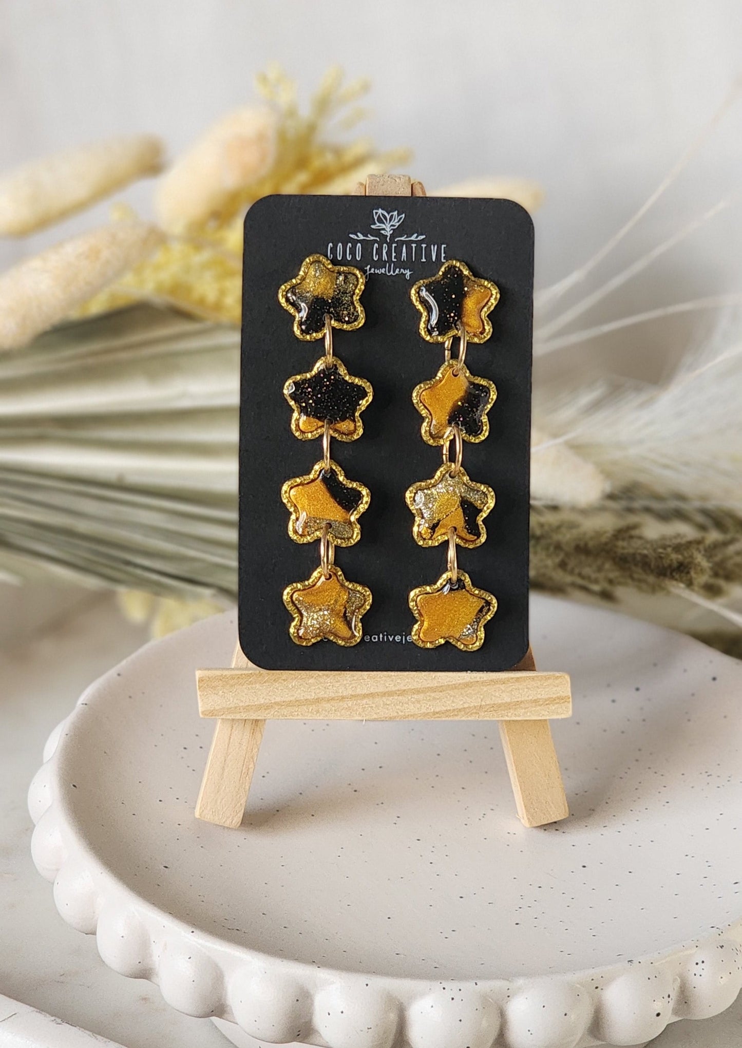 Black and Gold Shooting Star Dangles | Handmade Polymer Clay Earrings