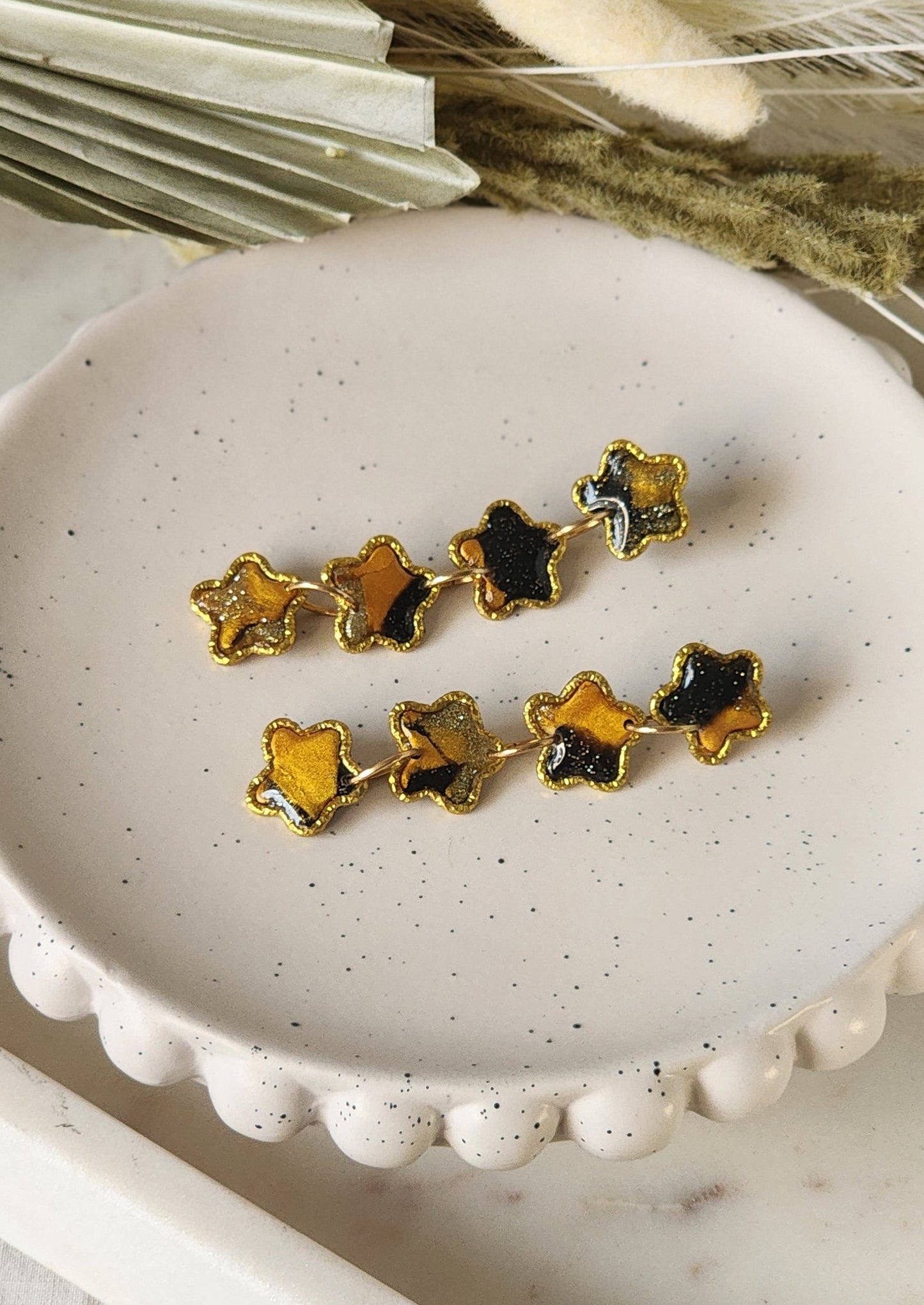 Black and Gold Shooting Star Dangles | Handmade Polymer Clay Earrings