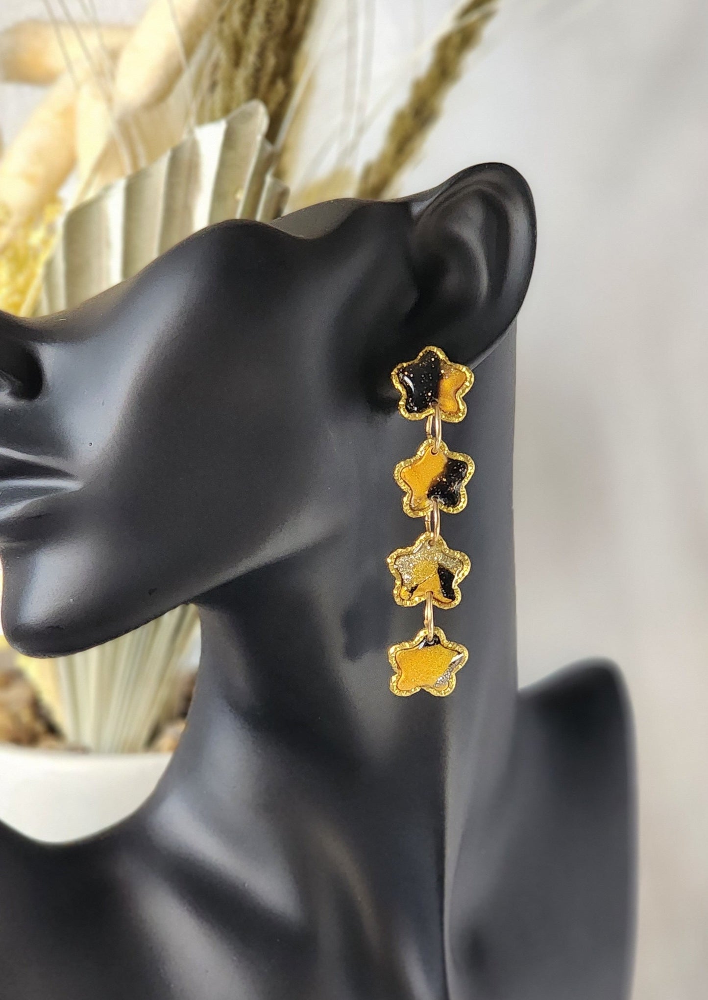 Black and Gold Shooting Star Dangles | Handmade Polymer Clay Earrings