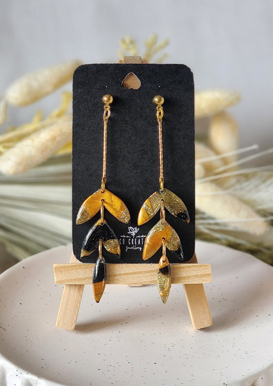 Gold and Black Feather Dangles | Handmade Polymer Clay Earrings