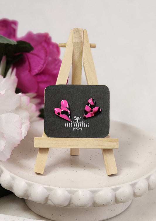 Pink & Black Heart Studs | Handmade Polymer Clay Earrings