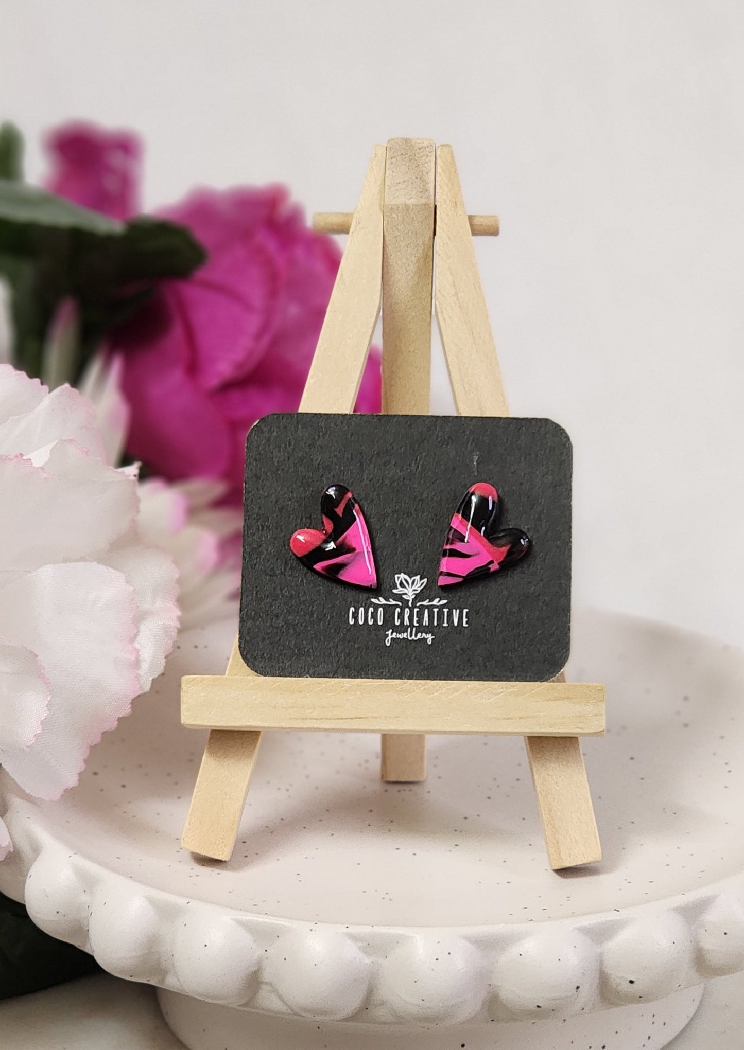 Red Pink & Black Heart Studs | Handmade Polymer Clay Earrings