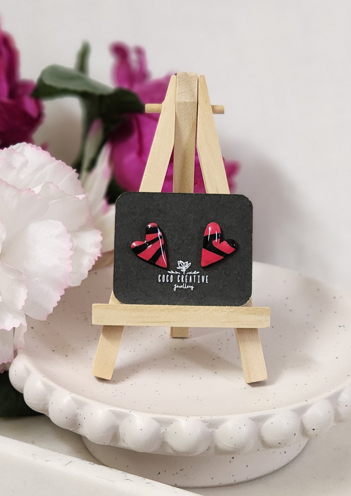 Red & Black Heart Studs 2 | Handmade Polymer Clay Earrings