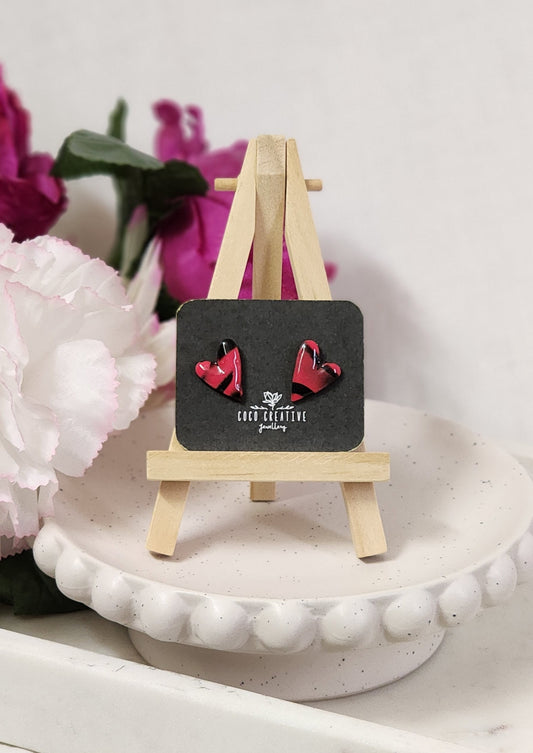 Red & Black Heart Studs 3 | Handmade Polymer Clay Earrings