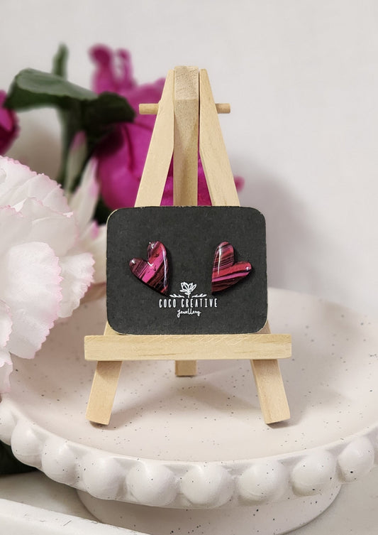 Black Pink Swirl Heart Studs 1 | Handmade Polymer Clay Earrings